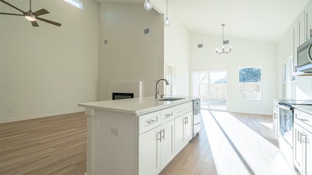 kitchen featuring an island with sink, appliances with stainless steel finishes, sink, and white cabinets