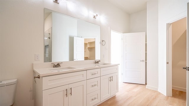 bathroom with vanity, hardwood / wood-style flooring, and toilet