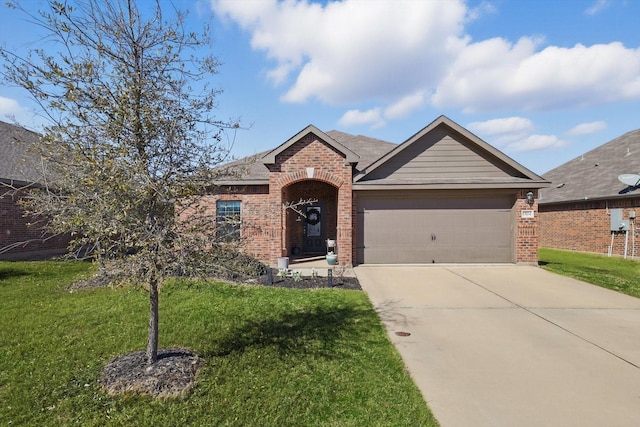 ranch-style house with a garage, driveway, a front yard, and brick siding