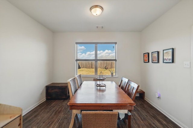 dining space with visible vents, baseboards, and dark wood finished floors