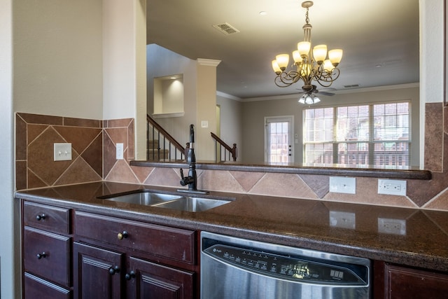 kitchen featuring ornamental molding, sink, stainless steel dishwasher, and a healthy amount of sunlight