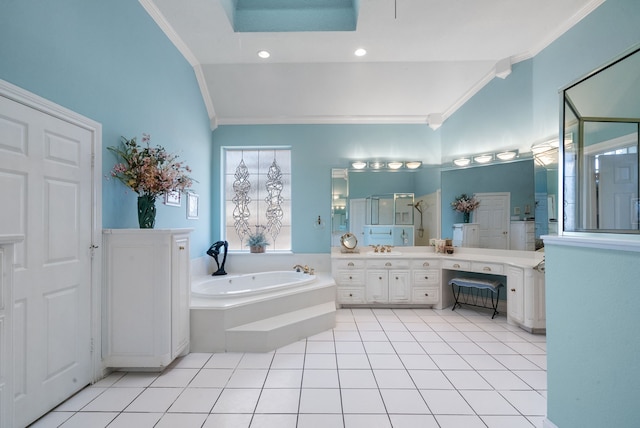 bathroom with lofted ceiling with skylight, vanity, ornamental molding, plus walk in shower, and tile patterned floors