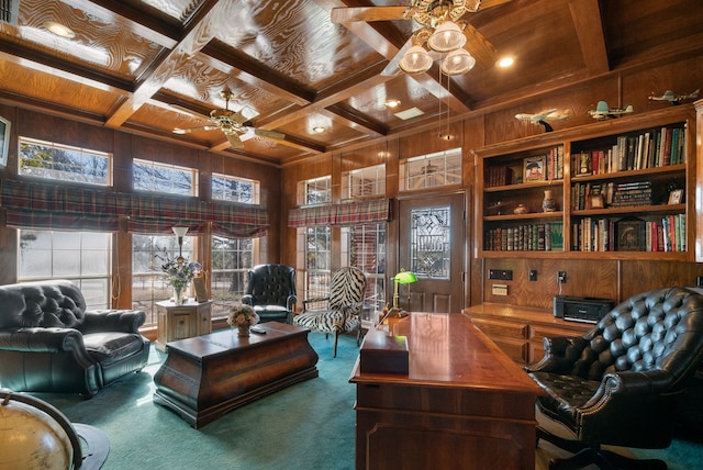 carpeted office featuring coffered ceiling, wood ceiling, ceiling fan, and wood walls