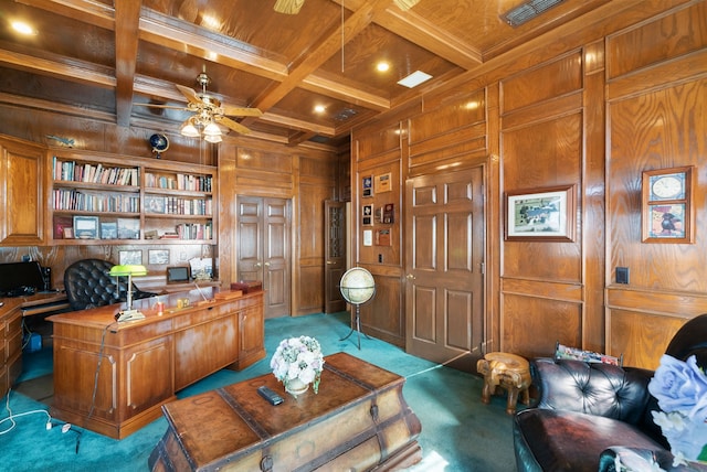 carpeted office space featuring coffered ceiling, wood ceiling, wooden walls, and built in shelves