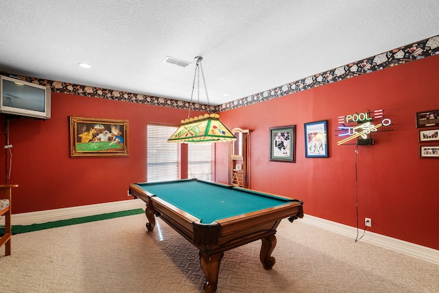 game room with billiards, a textured ceiling, and carpet flooring