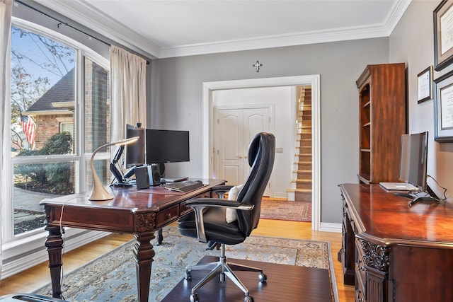 office with ornamental molding and light wood-type flooring