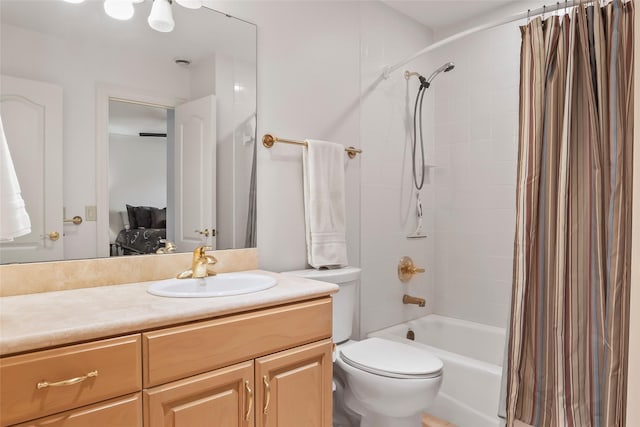 full bathroom with shower / tub combo with curtain, vanity, and toilet