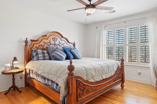 bedroom featuring ceiling fan and light hardwood / wood-style floors