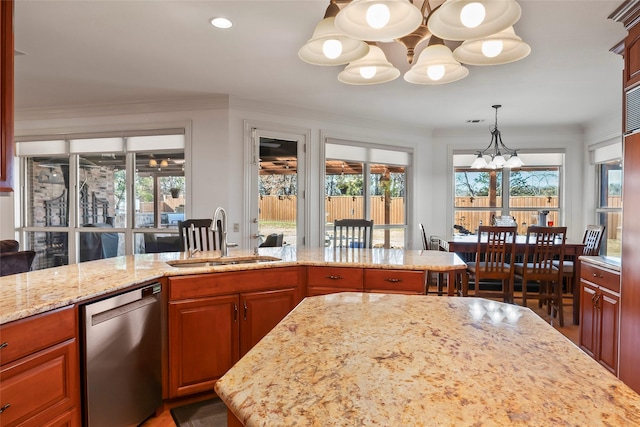 kitchen featuring sink, an inviting chandelier, crown molding, a center island, and stainless steel dishwasher