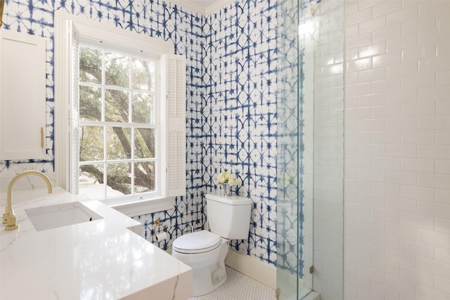 bathroom featuring vanity, a shower with shower door, toilet, and a healthy amount of sunlight