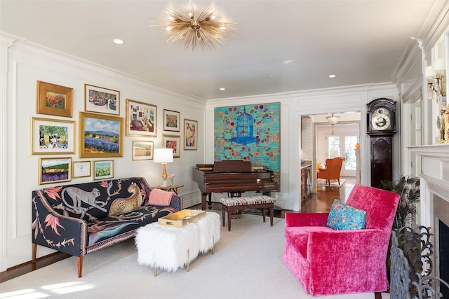 living area featuring ornamental molding