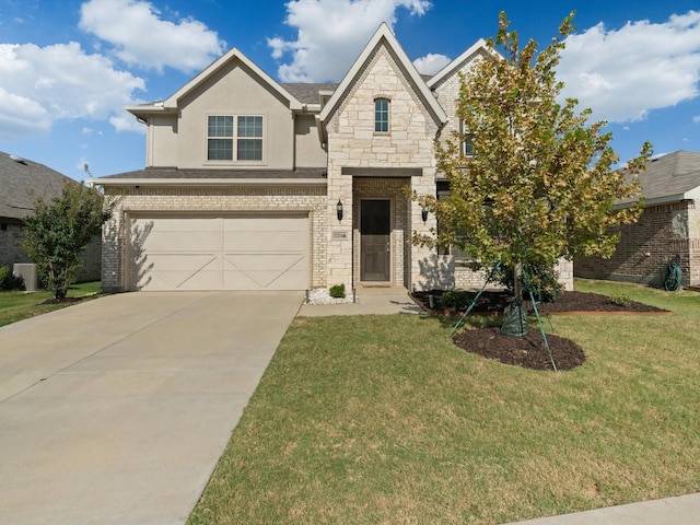 3224 Stillwater Ln, Aubrey, TX 76227 - traditional-style house featuring an attached garage, stucco siding, a front lawn, central AC unit, and driveway