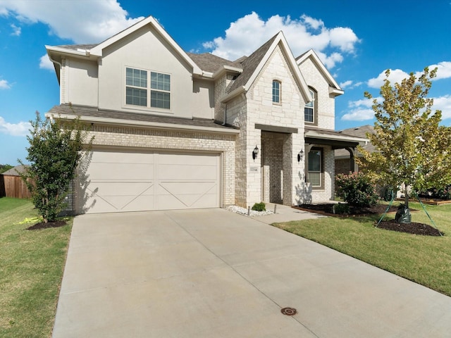 3224 Stillwater Ln, Aubrey, TX 76227 - traditional-style home featuring an attached garage, stone siding, concrete driveway, a front lawn, and brick siding