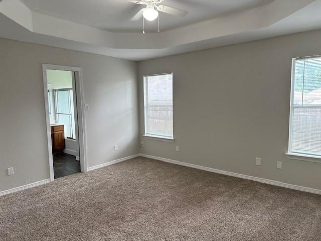 carpeted empty room featuring ceiling fan and a raised ceiling