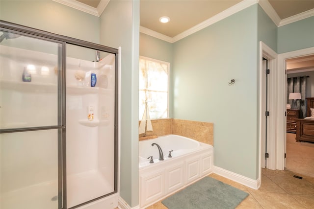 bathroom with crown molding, tile patterned floors, and shower with separate bathtub