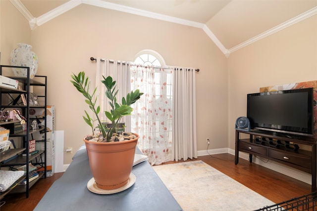 office with ornamental molding, lofted ceiling, and dark hardwood / wood-style flooring