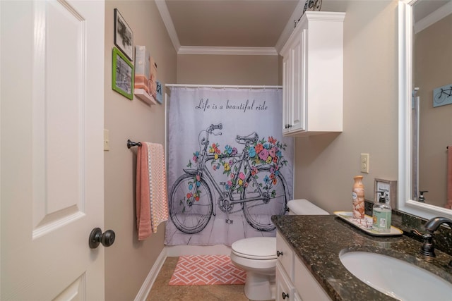 bathroom with ornamental molding, curtained shower, vanity, and toilet