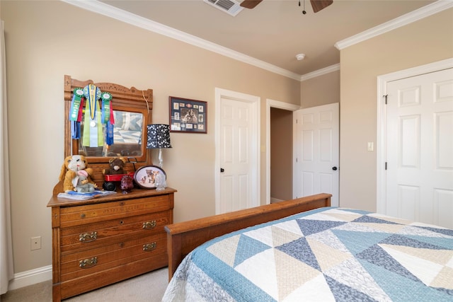 bedroom with crown molding, ceiling fan, and light carpet