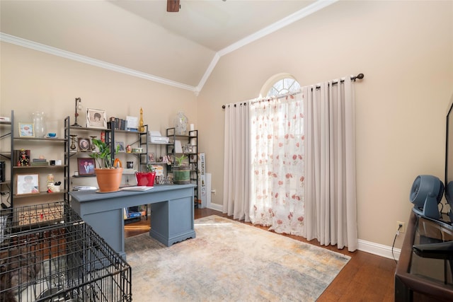 home office featuring hardwood / wood-style flooring, vaulted ceiling, ornamental molding, and ceiling fan