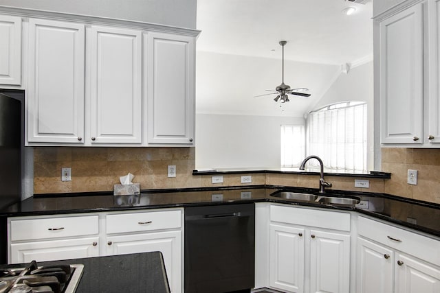 kitchen with tasteful backsplash, sink, white cabinets, ceiling fan, and black appliances