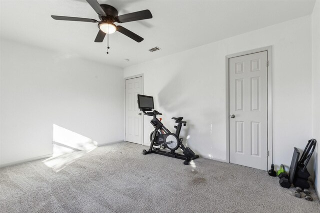 workout area with ceiling fan and carpet