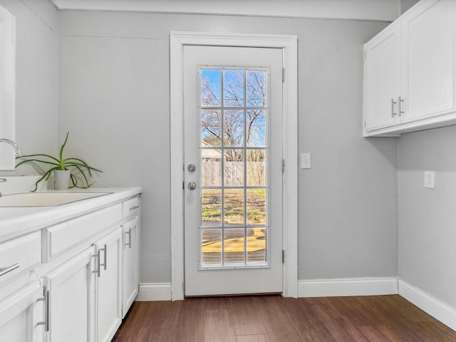 doorway featuring sink and dark wood-type flooring