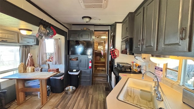 kitchen with dark hardwood / wood-style flooring, sink, and range