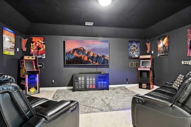 cinema room featuring a tray ceiling and carpet floors