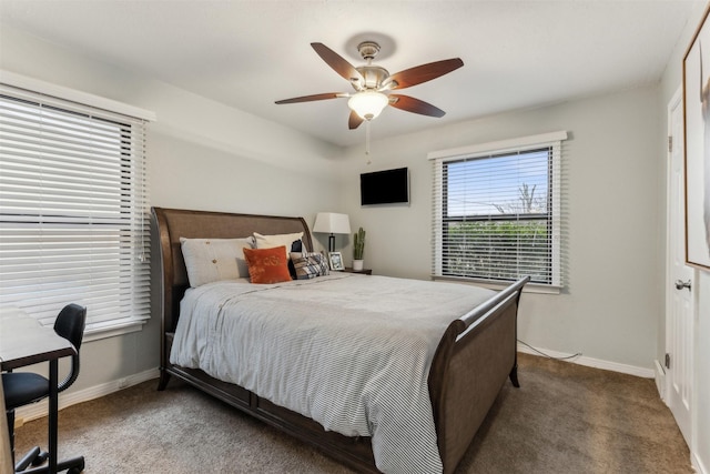 bedroom with carpet flooring, ceiling fan, and baseboards