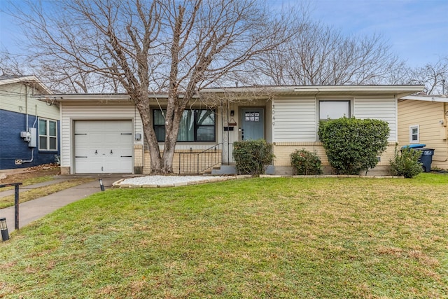 ranch-style house with a garage, brick siding, driveway, and a front lawn