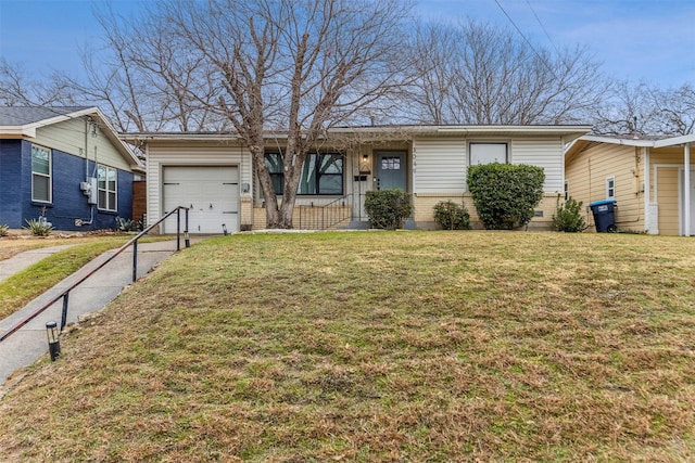 ranch-style home featuring a garage, brick siding, driveway, and a front yard