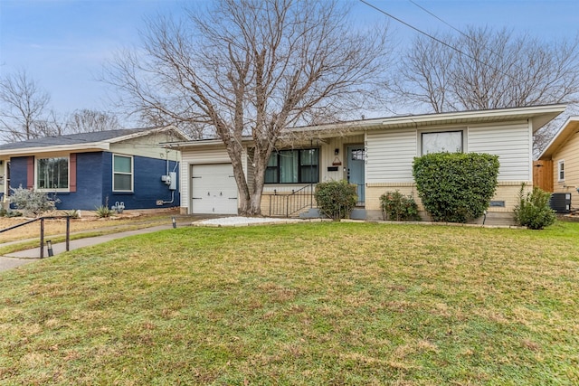 ranch-style home with brick siding, a front yard, a garage, cooling unit, and driveway