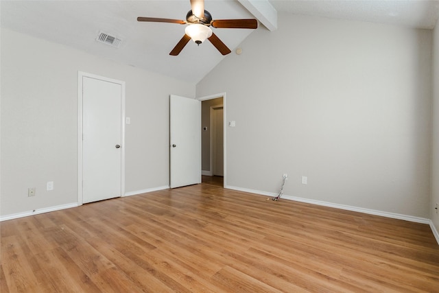 unfurnished bedroom featuring ceiling fan, high vaulted ceiling, beam ceiling, and light hardwood / wood-style floors