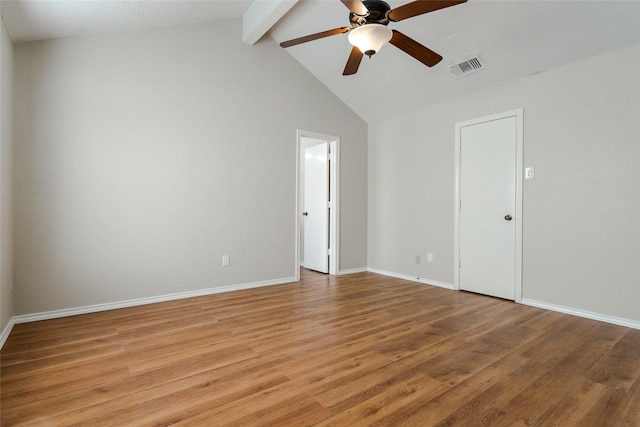 unfurnished room featuring beamed ceiling, ceiling fan, high vaulted ceiling, and light hardwood / wood-style floors