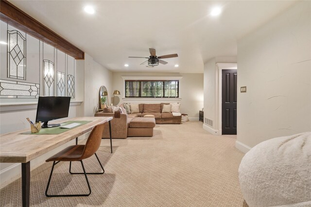 office with ceiling fan and light colored carpet