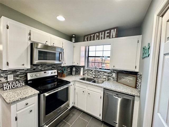 kitchen featuring white cabinetry, appliances with stainless steel finishes, sink, and backsplash