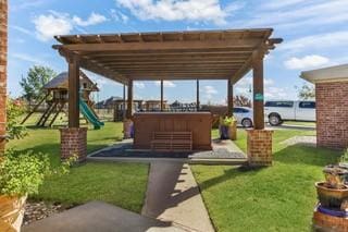 exterior space featuring a playground, a jacuzzi, and a pergola