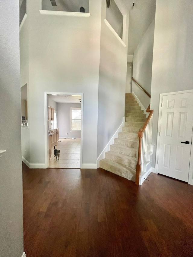 entryway with a high ceiling and hardwood / wood-style flooring