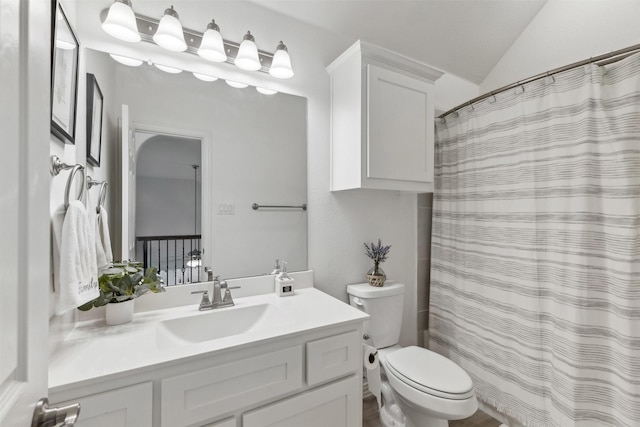 bathroom featuring vanity, lofted ceiling, and toilet