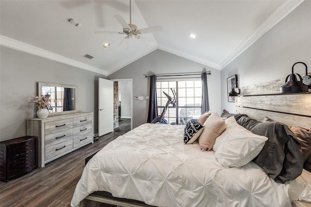 bedroom with crown molding, lofted ceiling, dark hardwood / wood-style flooring, and multiple windows