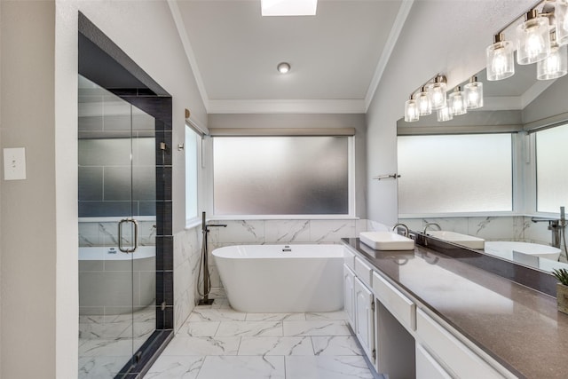 bathroom featuring ornamental molding, tile walls, vanity, and plus walk in shower