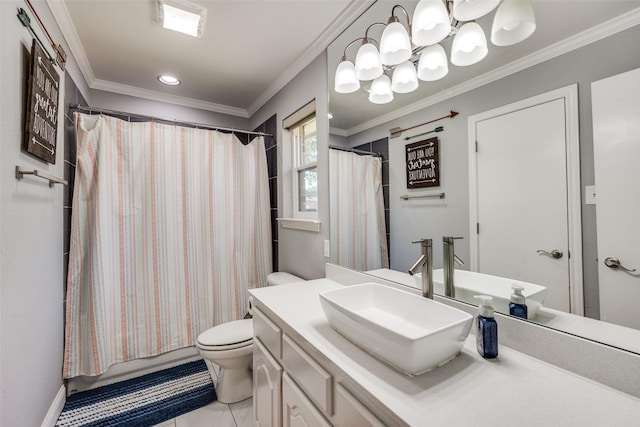 full bathroom featuring shower / tub combo with curtain, tile patterned flooring, vanity, ornamental molding, and toilet