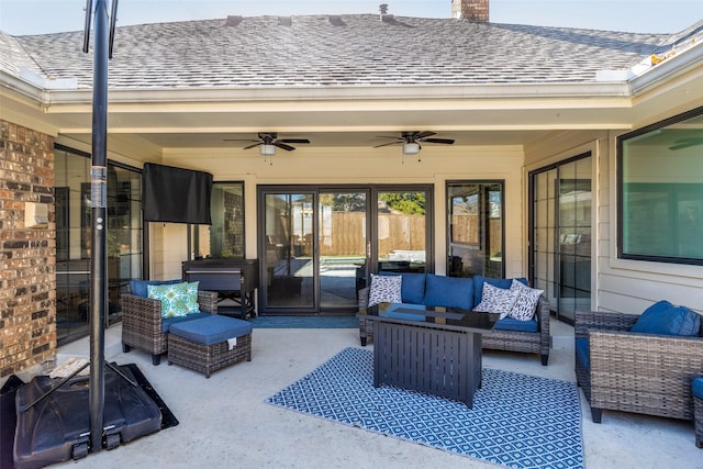 view of patio with ceiling fan and an outdoor hangout area