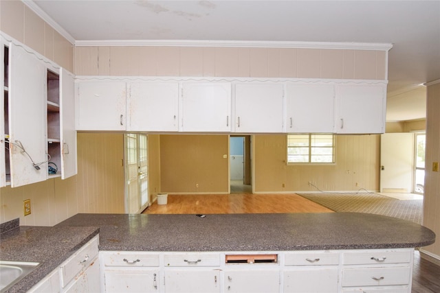 kitchen with ornamental molding, a wealth of natural light, and white cabinets