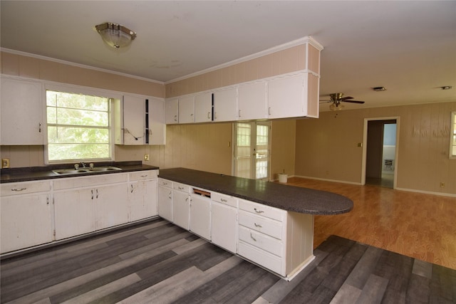 kitchen with white cabinetry, dark wood-type flooring, kitchen peninsula, and sink