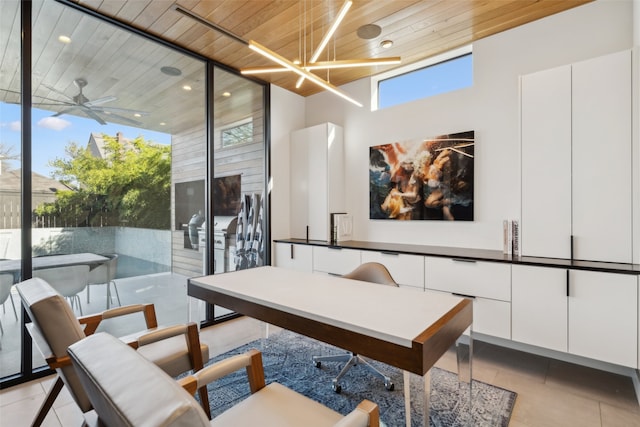 interior space featuring wood ceiling and ceiling fan