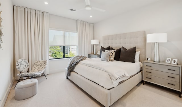 carpeted bedroom featuring ceiling fan