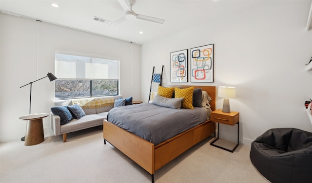 carpeted bedroom featuring ceiling fan