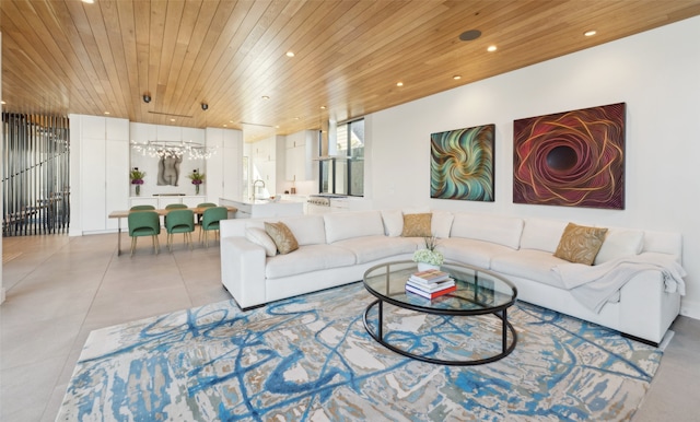 tiled living room with wood ceiling