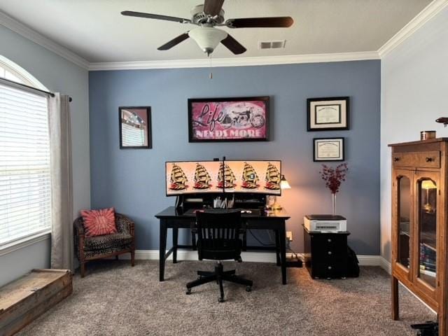 office with ornamental molding, carpet, and ceiling fan